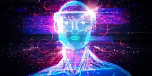 Conceptual illustration of an avatar immersed in virtual reality signifying haptics and haptic technology