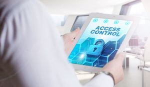 illustration of a business executive holding a screen with access control