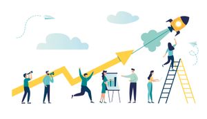 Illustration of people spread out indicative of assessing people analytics. A giant arrow indicates growth and is being pulled up by a rocket.