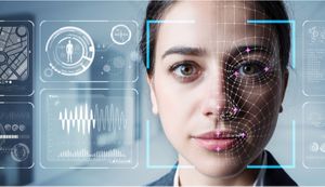Close up of woman’s face being analyzed by facial recognition software
