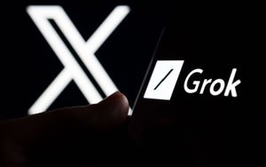 Grok logo seen on smartphone screen and finger pointing at it, with X in the background