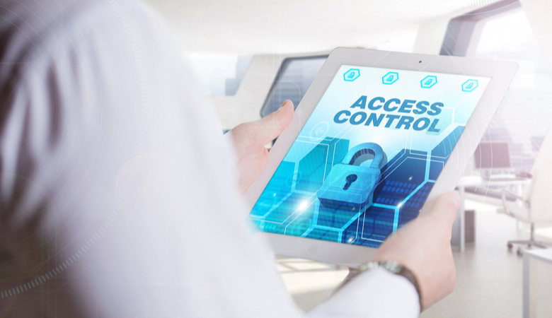 illustration of a business executive holding a screen with access control