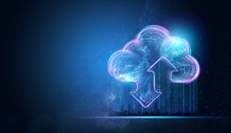 image of the hologram of the cloud in blue background showing the concept of cloud technology