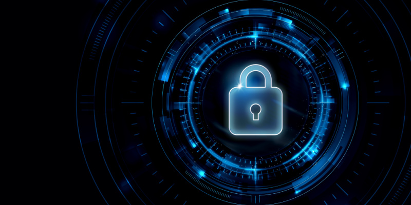 Illustration of a digital blue security lock indicating cybersecurity.